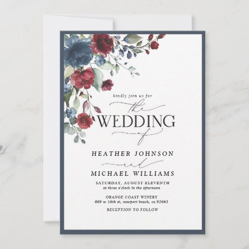 Navy Burgundy Watercolor Floral QR Code Invitation