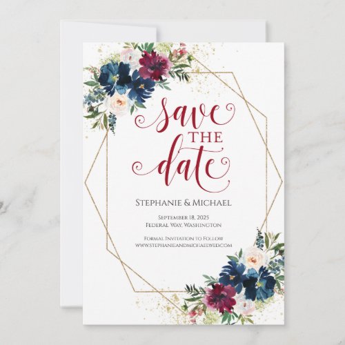 Navy Burgundy Watercolor Floral Save the Date