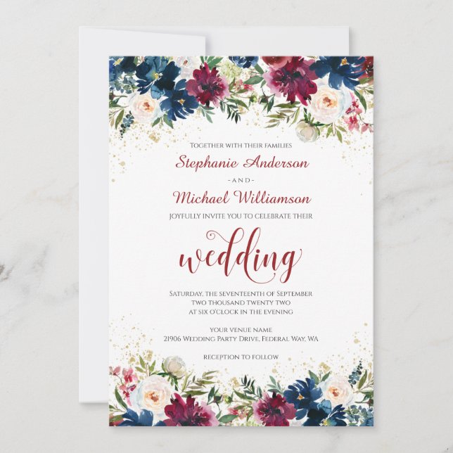 Navy Burgundy Watercolor Floral Wedding Invitation (Front)