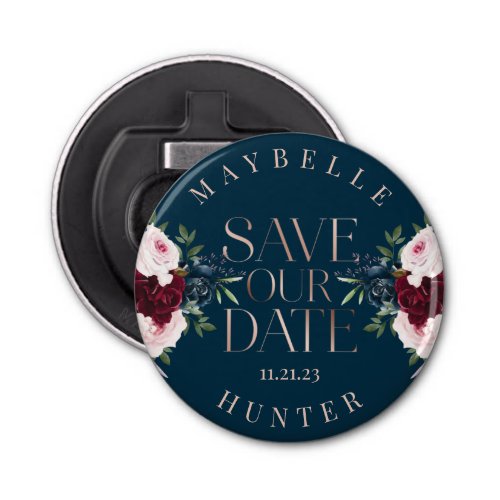 Navy  Burgundy Watercolor Florals White Marble Bottle Opener