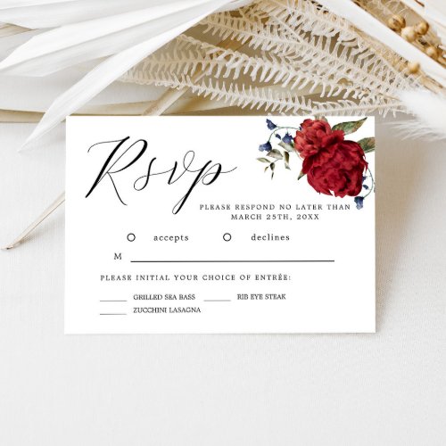 Navy Burgundy Watercolor Flower Wedding RSVP Card