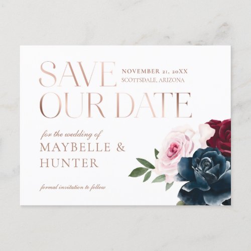 Navy Burgundy Watercolor Photo Save Our Date Announcement Postcard