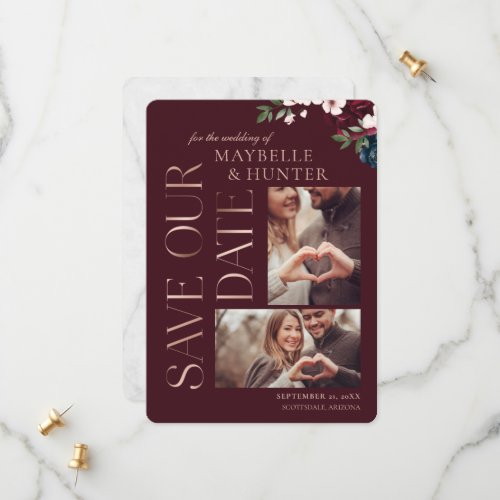 Navy Burgundy Watercolor Rose Gold Marble Photo Save The Date