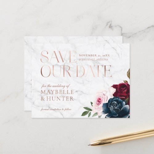 Navy Burgundy Watercolor Rose Gold Save Our Date Announcement Postcard