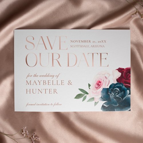 Navy Burgundy Watercolor Rose Gold Save Our Date Announcement Postcard