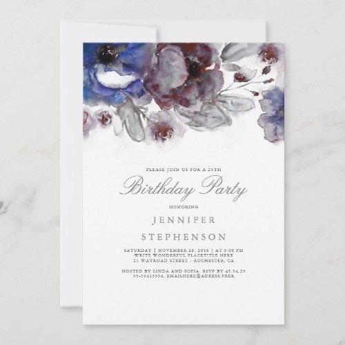 Navy Burgundy Watercolors Floral Birthday Party Invitation - Navy and burgundy watercolor flowers elegant birthday party invitations