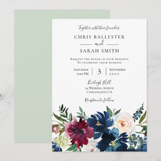 Navy Burgundy & White Flowers Elegant Wedding Invitation (Front/Back)