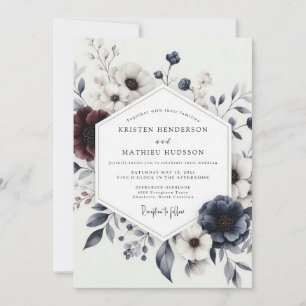 Navy Burgundy Winter Bloom Wedding Invitation