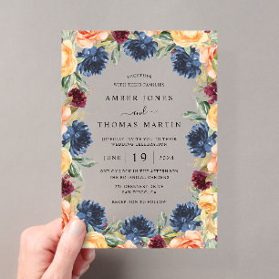 Navy Burnt Orange Burgundy Floral Wedding Acrylic Invitations