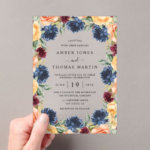 Navy Burnt Orange Burgundy Floral Wedding  Acrylic Invitations