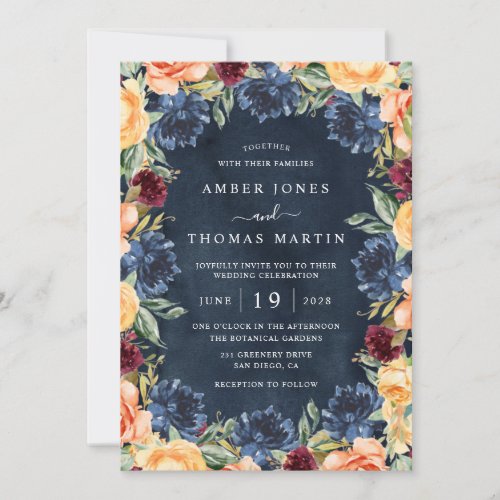 Navy Burnt Orange Burgundy Floral Wedding  Invitation