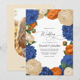 Navy, Burnt Orange & Champagne Floral Wedding Invitation