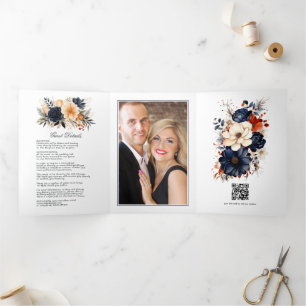 Navy, Burnt Orange & Champagne Floral Wedding Tri-Fold Invitation