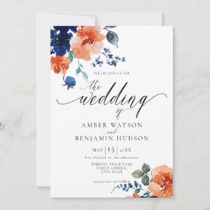 Navy Burnt Orange Floral Boho Elegant Wedding Invitation
