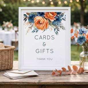 Navy Burnt Orange Floral Cards Gifts Sign Wedding