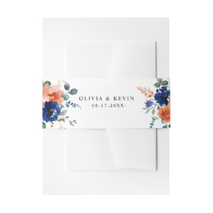 Navy Burnt Orange Floral Fall Wedding Invitation Belly Band