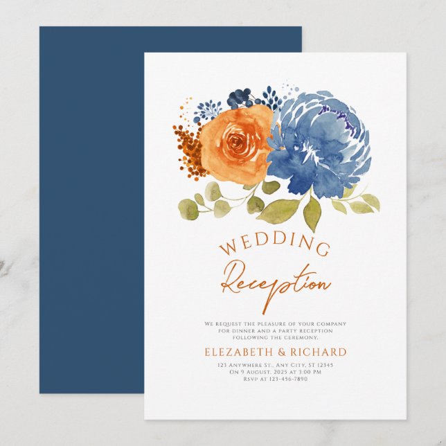 Navy Burnt Orange Floral Fall Wedding Reception Invitation (Front/Back)