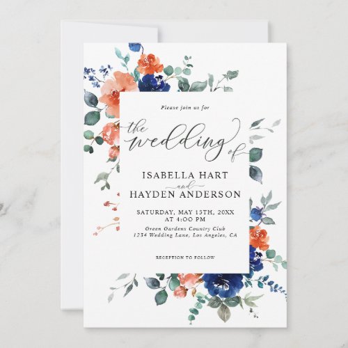 Navy Burnt Orange Floral Flowers Boho Wedding Invitation