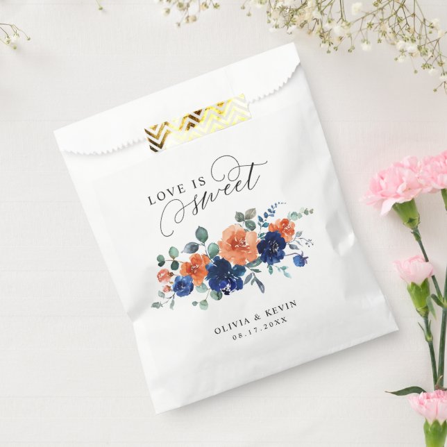 Navy Burnt Orange Floral Rust Flowers Fall Wedding Favor Bag (Sealed)