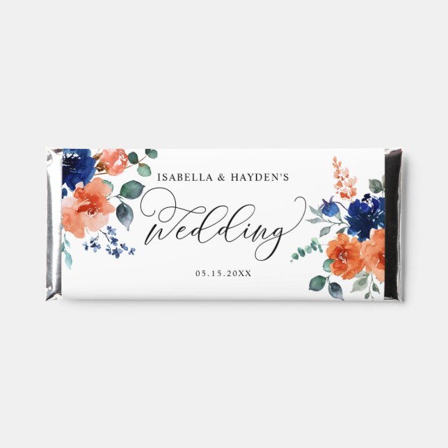 Navy Burnt Orange Floral Rust Flowers Wedding  Hershey Bar Favors (Front)