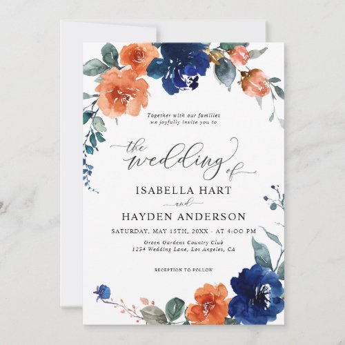 Navy Burnt Orange Floral Rust Orange Boho Wedding Invitation