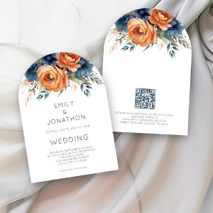 Navy Burnt Orange Florals QR Code Wedding Arch Invitation