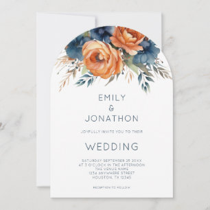 Navy Burnt Orange Florals QR Code Wedding Arch Invitation