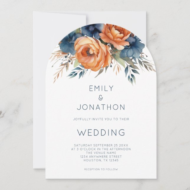 Navy Burnt Orange Florals QR Code Wedding Arch Invitation (Front)