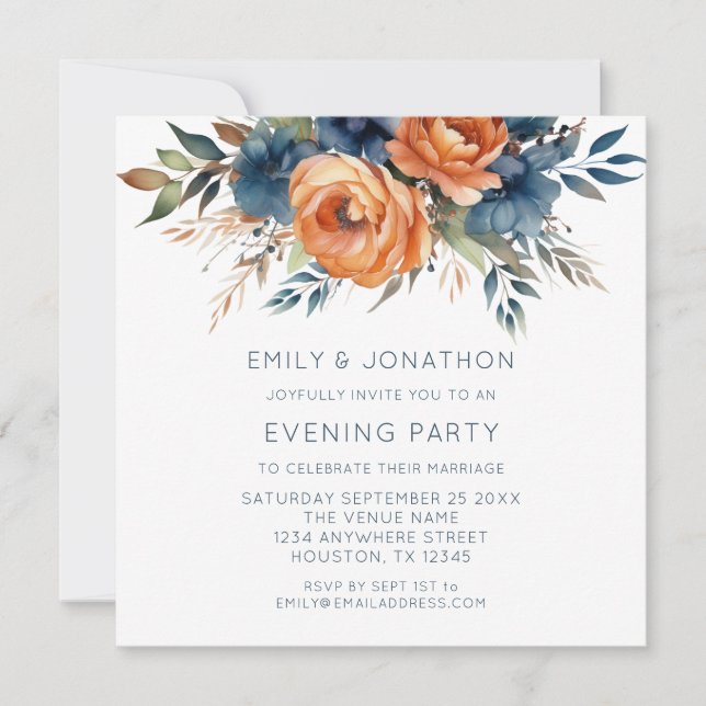 Navy Burnt Orange Florals Wedding Evening Party Invitation (Front)