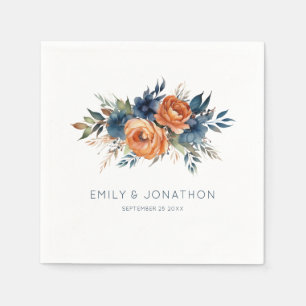 Navy Burnt Orange Florals Wedding Napkins