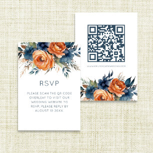 Navy Burnt Orange Florals Wedding  RSVP Card