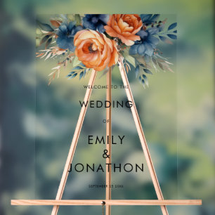 Navy Burnt Orange Florals Welcome Wedding Acrylic Sign