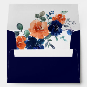 Navy Burnt Orange Flowers Fall Wedding Invitation Envelope