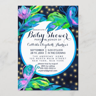 Navy Butterfly Floral Leaf Watercolor Baby Shower Invitation