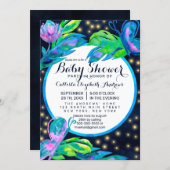 Navy Butterfly Floral Leaf Watercolor Baby Shower Invitation (Front/Back)