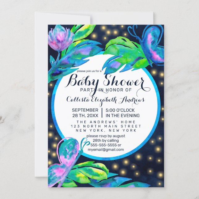 Navy Butterfly Floral Leaf Watercolor Baby Shower Invitation (Front)