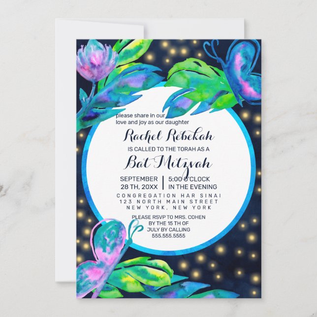 Navy Butterfly Floral Leaf Watercolor Bat Mitzvah Invitation (Front)