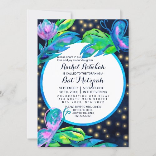 Navy Butterfly Floral Leaf Watercolor Bat Mitzvah Invitation
