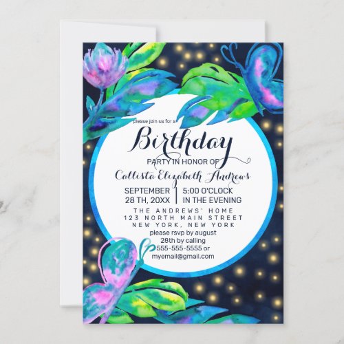 Navy Butterfly Floral Leaves Watercolor Birthday Invitation