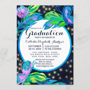 Navy Butterfly Floral Leaves Watercolor Graduation Invitation