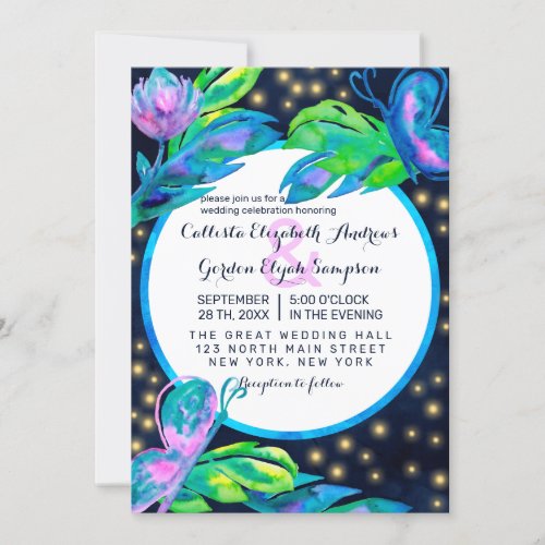 Navy Butterfly Floral Leaves Watercolor Wedding Invitation