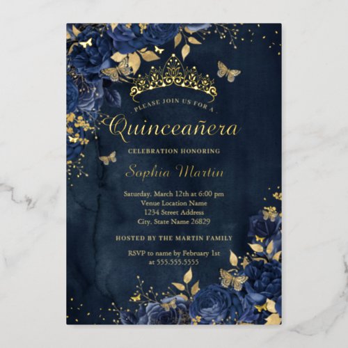 Navy Butterfly Flower Elegant Gold Quinceanera Foil Invitation