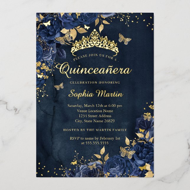 Navy Butterfly Flower Elegant Gold Quinceanera Foil Invitation (Front)