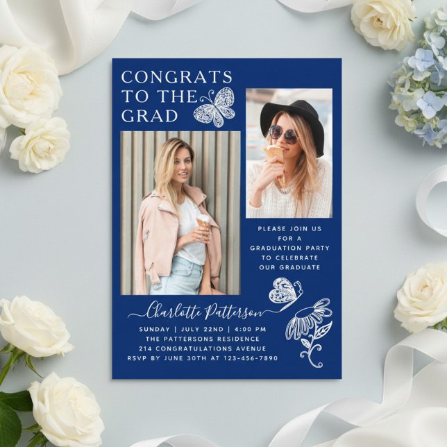 Navy Butterfly Photo Graduation Party Acrylic Invitations (Creator Uploaded)