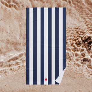 Navy Cabana Stripe & Personalized Red Monogram Beach Towel