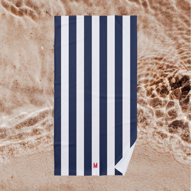 Navy Cabana Stripe & Personalized Red Monogram Beach Towel (Creator Uploaded)