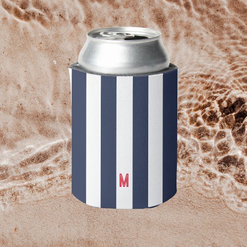 Navy Cabana Stripe  Personalized Red Monogram Can Cooler
