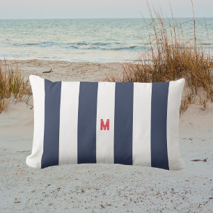 Navy Cabana Stripe & Personalized Red Monogram Lumbar Pillow