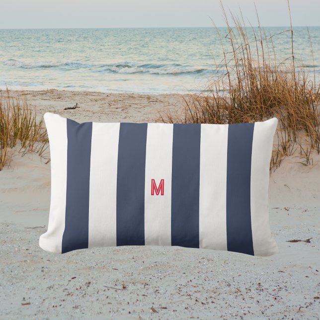 Navy Cabana Stripe & Personalized Red Monogram Lumbar Pillow (Creator Uploaded)