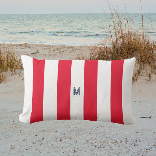 Navy Cabana Stripe & Personalized Red Monogram Lumbar Pillow